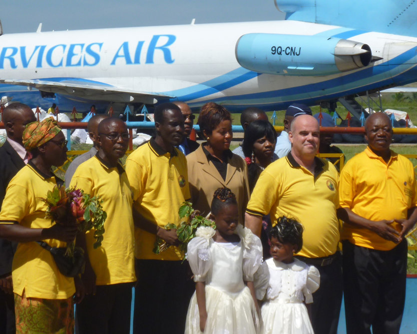 Arriving at the Kananga Airport April 12, 2012, Scientology Volunteer Ministers were welcomed by Mr. Francois Muepo (far right) and other local leaders and dignitaries.