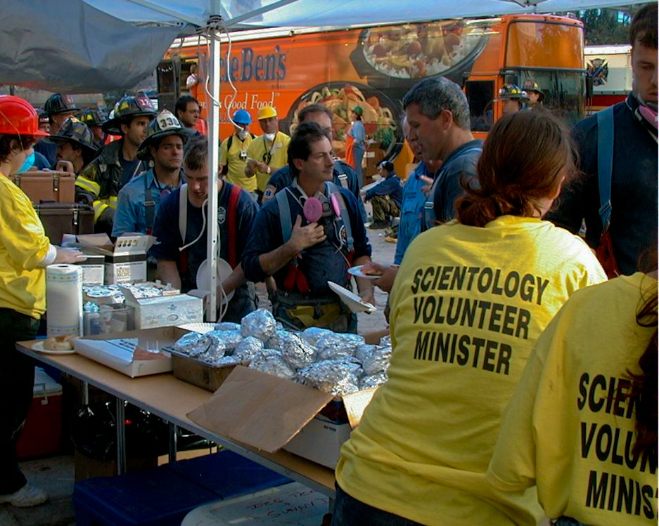 The Volunteer Minister tent at Ground Zero was known as “Freedom Café.” Rescue workers came for meals, companionship, and Scientology disaster relief techniques to help them cope with the daunting rescue effort.