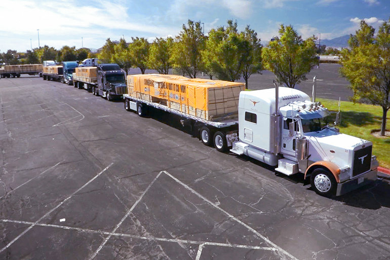 The convoy was led by a truck from Texas. It has a Texas longhorn on its grill and cabin.